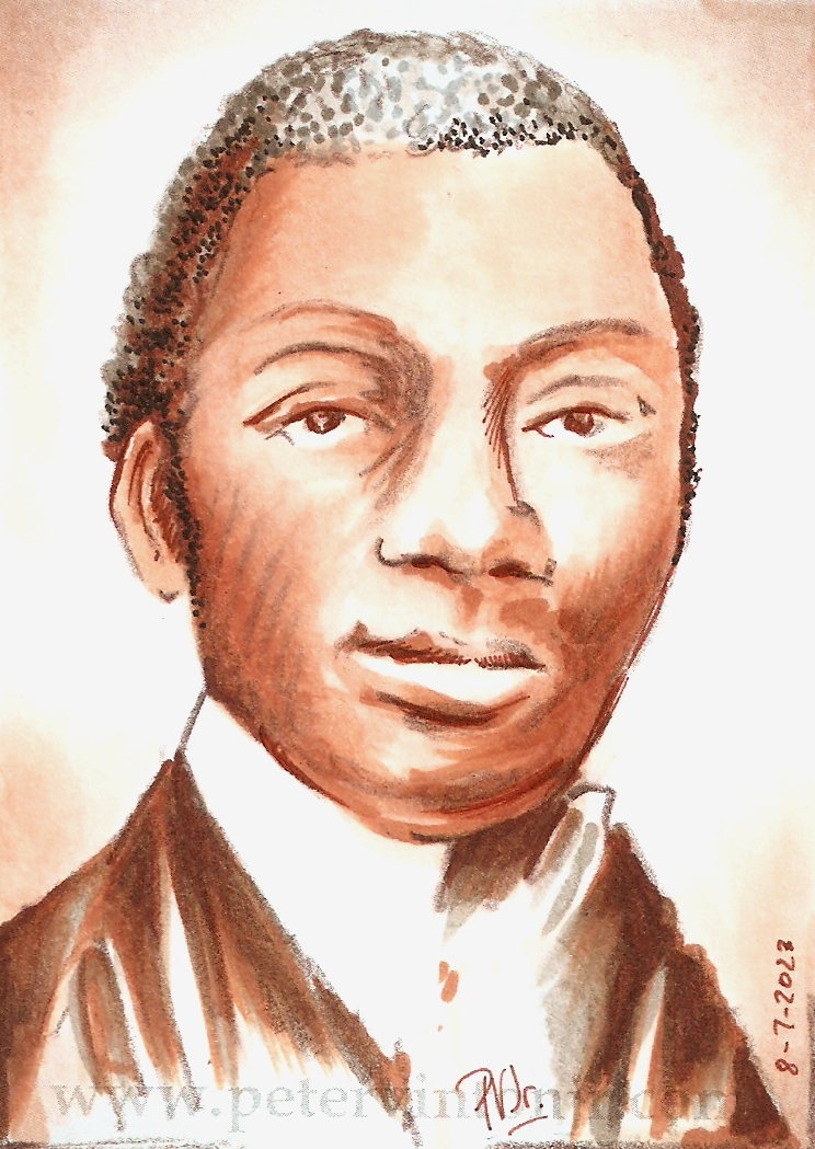 David Walker, based on a purported (though disputed) woodcut of his likeness by Henry Highland Garnet.  Watercolour with some pen & ink, 2.5 in. x 3.5 in.